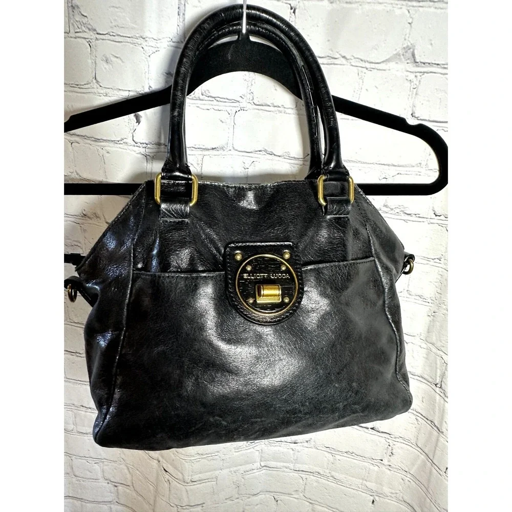 Elliott Lucca Black Leather Satchel Handbag Gold Hardware Turn Lock Pocket